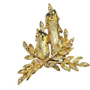Vintage Gold Tone Candle Brooch Holiday Pin Rhinestones 1.87" Unmarked Christmas